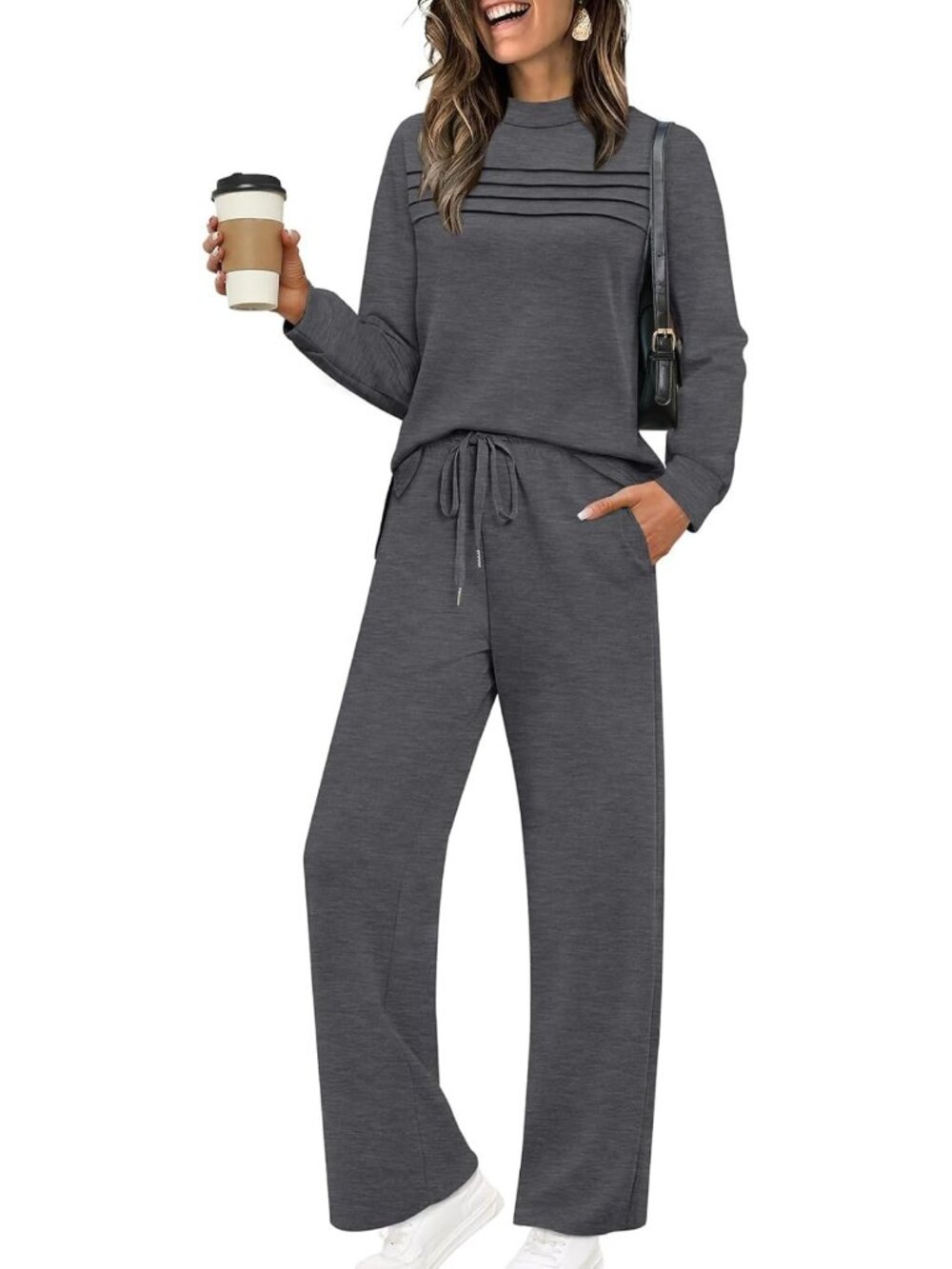 Chic Two-Piece Lounge Set for Women - Long Sleeve, Wide Leg Pants, Fall Vacation